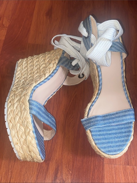 Zara Shoes - Zara Blue Striped Espadrille Wedge Sandals with Cream Ankle Ties Size 9